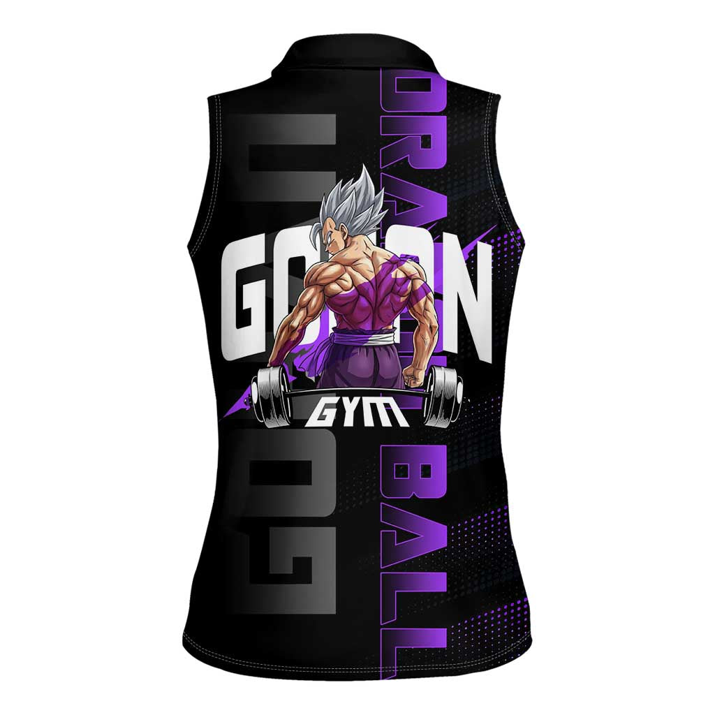 Gohan Dragon Ball Gym Theme Women Sleeveless Polo Shirt with Dumbbell Power Lift and Electric Aura on Black and Purple Design - The Mazicc