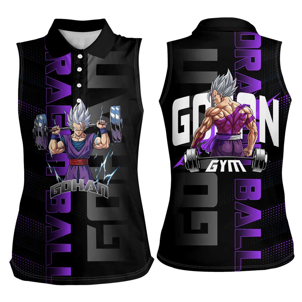 Gohan Dragon Ball Gym Theme Women Sleeveless Polo Shirt with Dumbbell Power Lift and Electric Aura on Black and Purple Design - The Mazicc