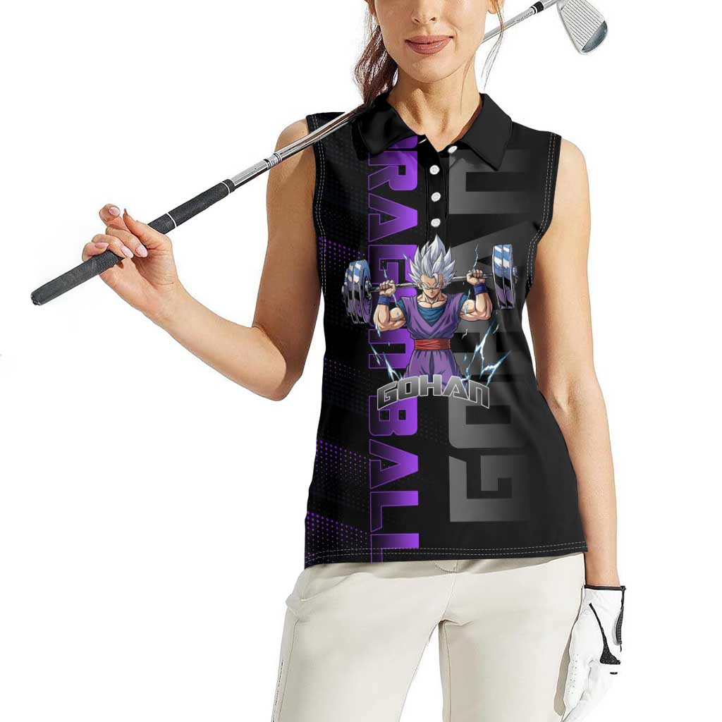 Gohan Dragon Ball Gym Theme Women Sleeveless Polo Shirt with Dumbbell Power Lift and Electric Aura on Black and Purple Design - The Mazicc