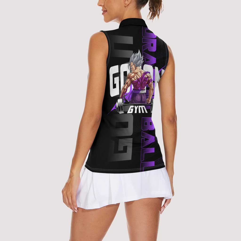 Gohan Dragon Ball Gym Theme Women Sleeveless Polo Shirt with Dumbbell Power Lift and Electric Aura on Black and Purple Design - The Mazicc