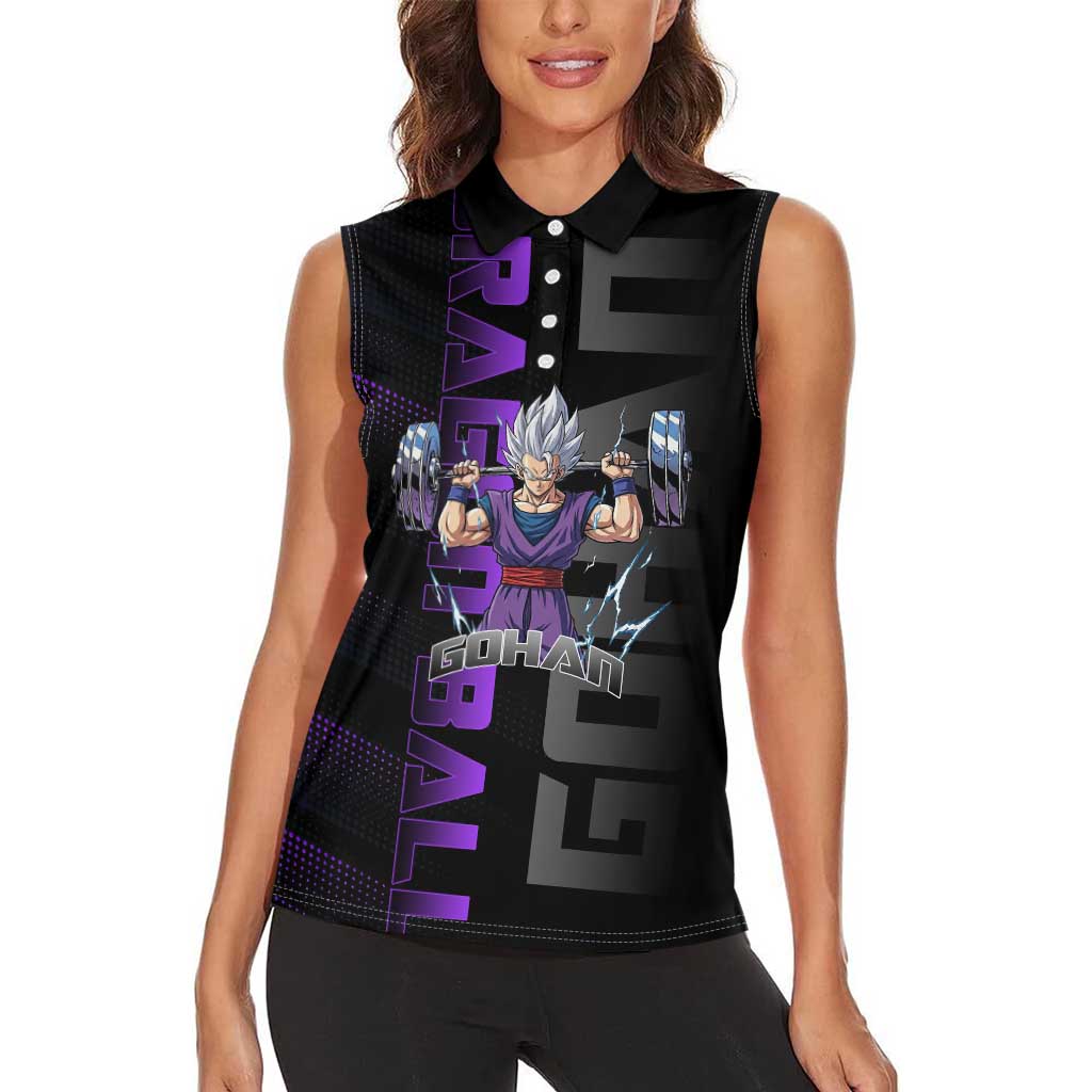 Gohan Dragon Ball Gym Theme Women Sleeveless Polo Shirt with Dumbbell Power Lift and Electric Aura on Black and Purple Design - The Mazicc
