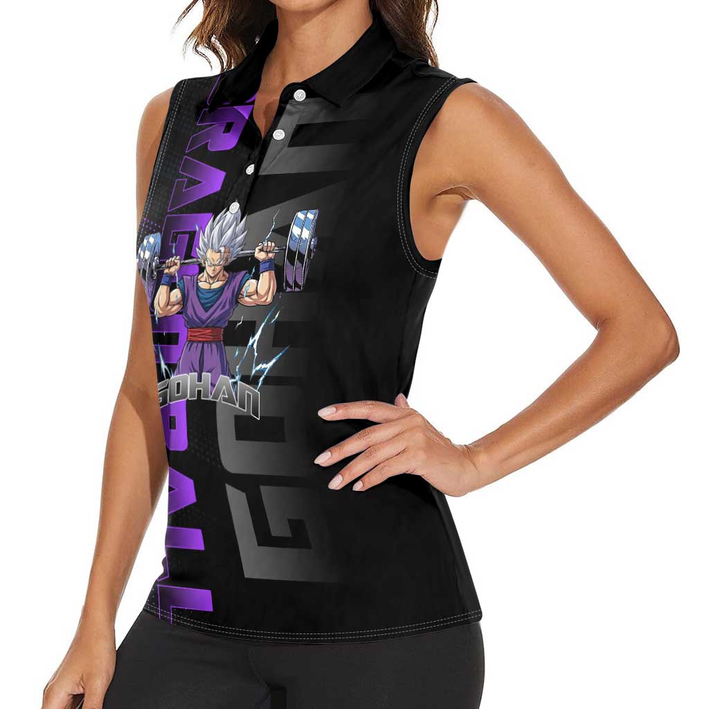 Gohan Dragon Ball Gym Theme Women Sleeveless Polo Shirt with Dumbbell Power Lift and Electric Aura on Black and Purple Design - The Mazicc