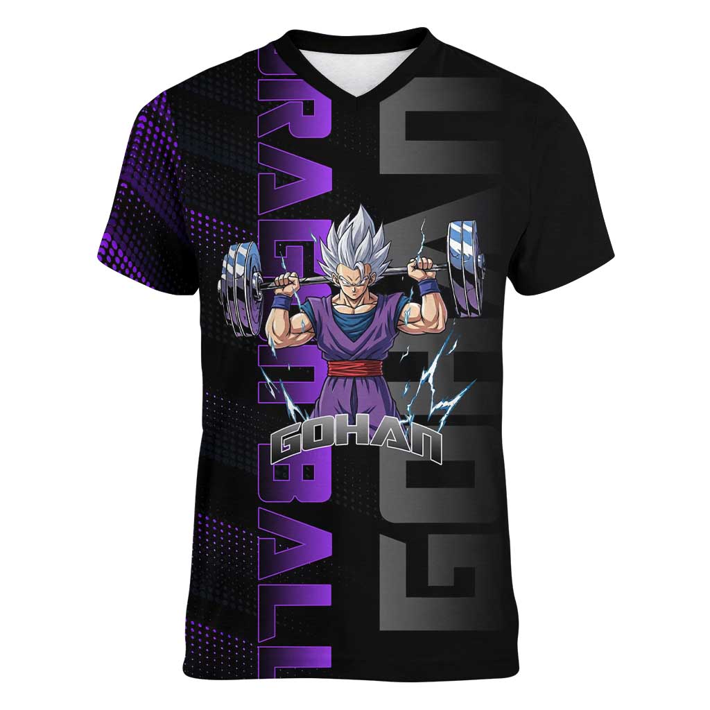 Gohan Dragon Ball Gym Theme Women V-Neck T-Shirt with Dumbbell Power Lift and Electric Aura on Black and Purple Design - The Mazicc