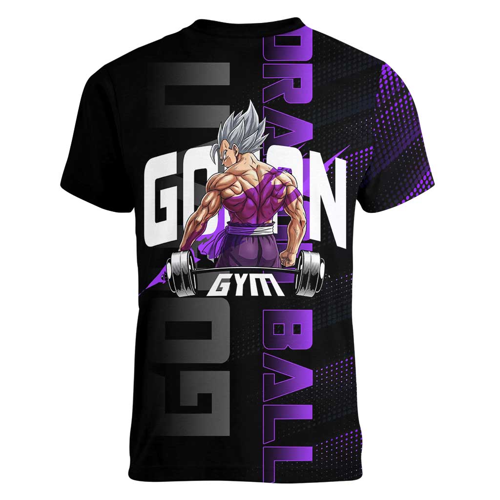 Gohan Dragon Ball Gym Theme Women V-Neck T-Shirt with Dumbbell Power Lift and Electric Aura on Black and Purple Design - The Mazicc