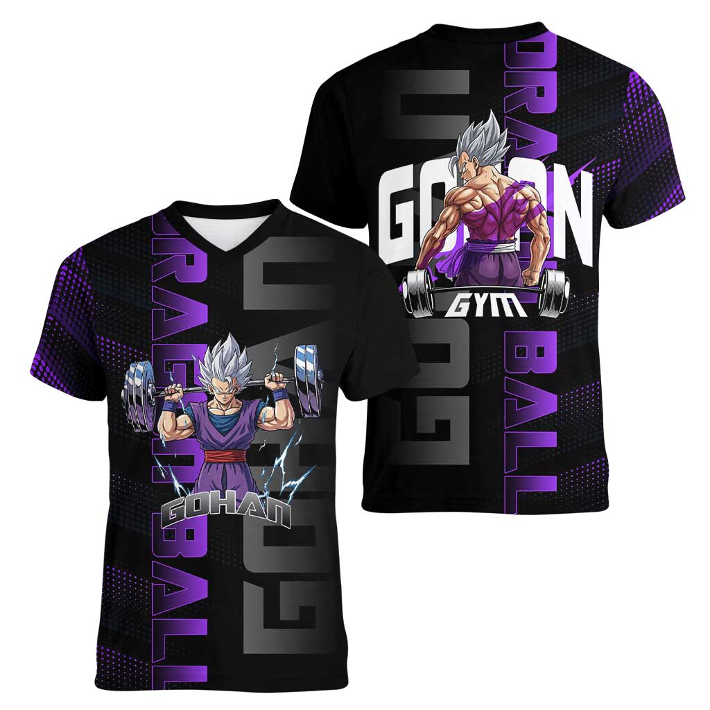Gohan Dragon Ball Gym Theme Women V-Neck T-Shirt with Dumbbell Power Lift and Electric Aura on Black and Purple Design - The Mazicc