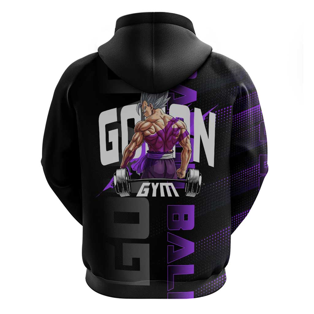 Gohan Dragon Ball Gym Theme Zip Hoodie with Dumbbell Power Lift and Electric Aura on Black and Purple Design - The Mazicc