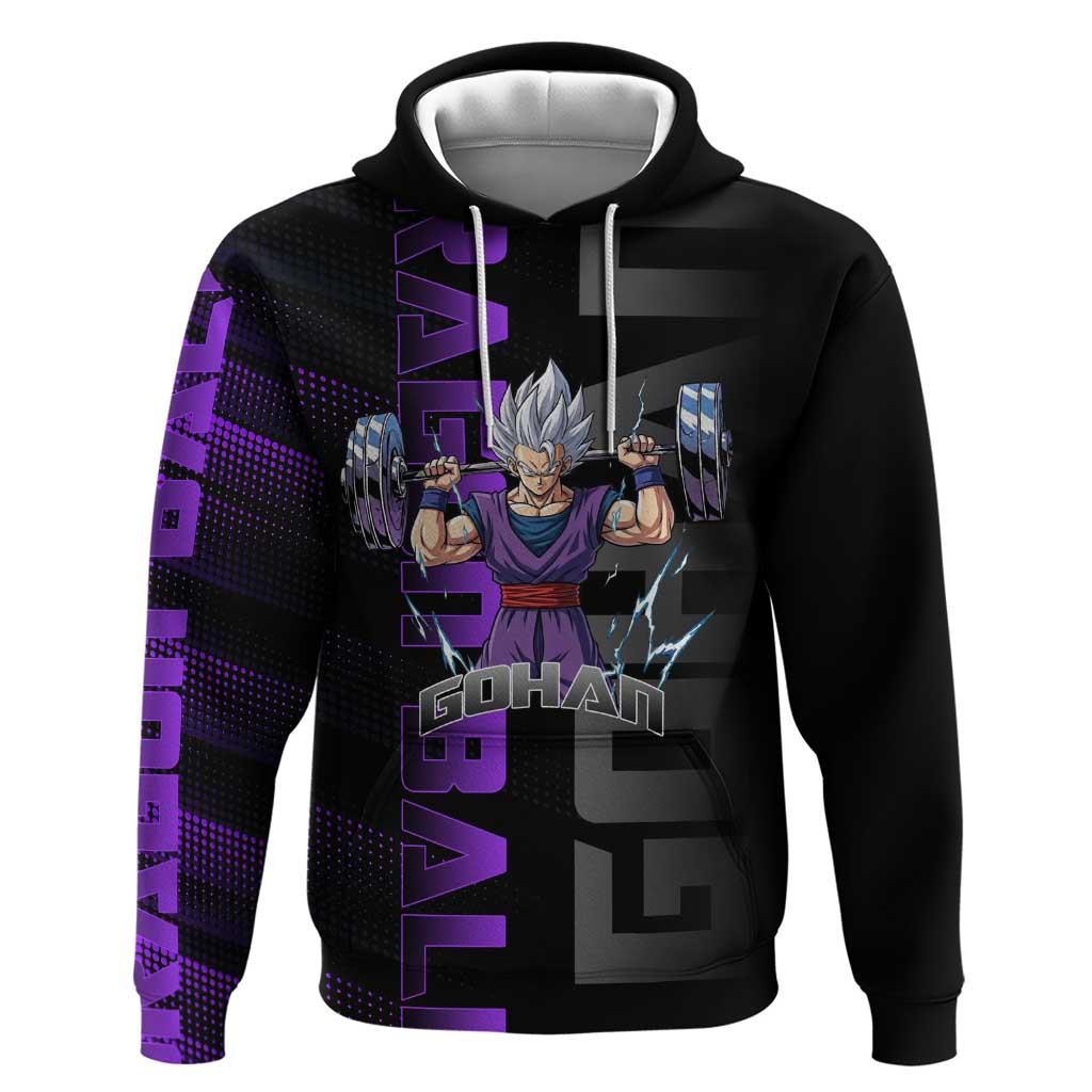 Gohan Dragon Ball Gym Theme Zip Hoodie with Dumbbell Power Lift and Electric Aura on Black and Purple Design - The Mazicc