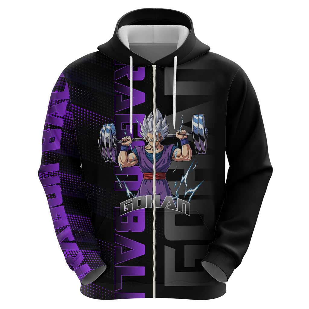 Gohan Dragon Ball Gym Theme Zip Hoodie with Dumbbell Power Lift and Electric Aura on Black and Purple Design - The Mazicc
