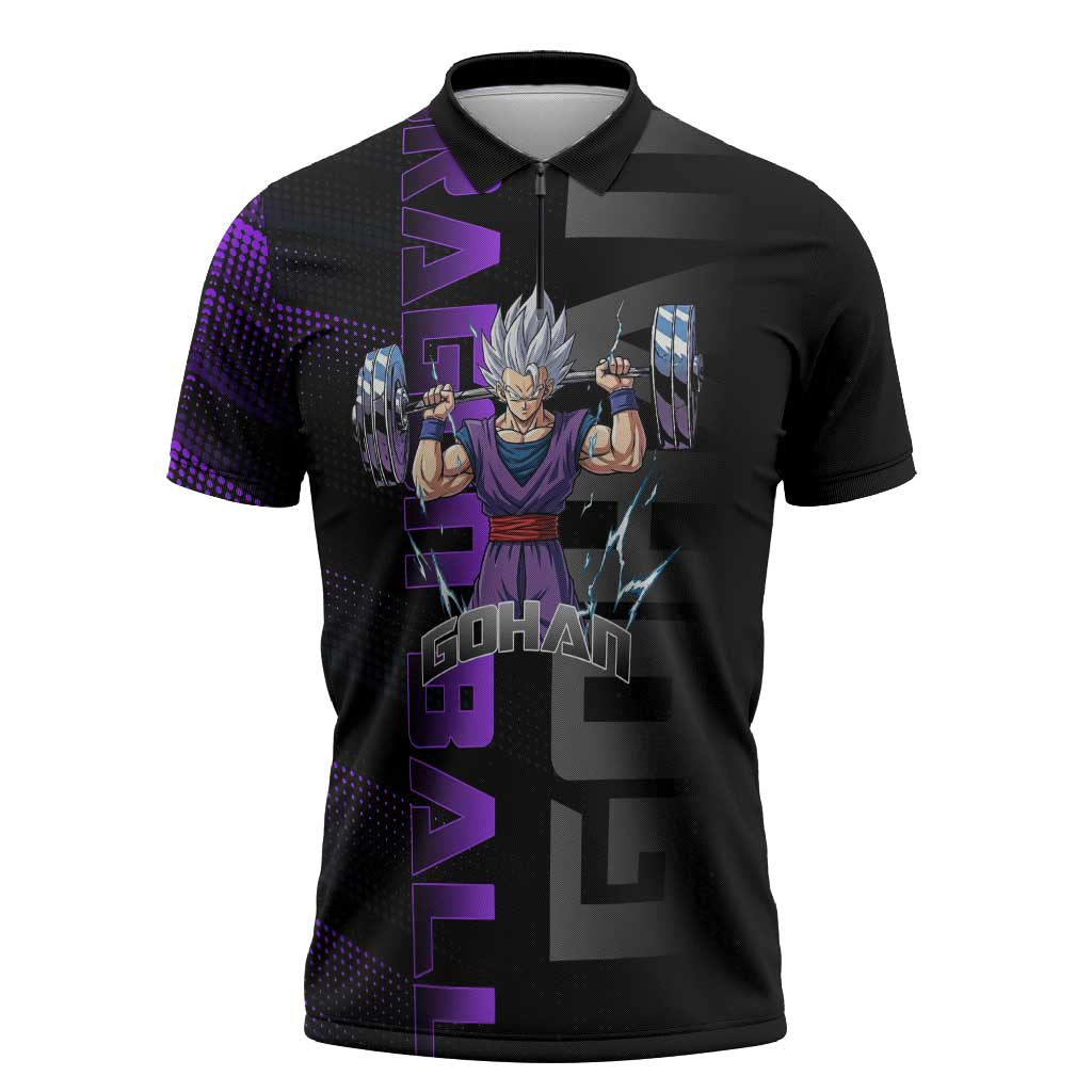 Gohan Dragon Ball Gym Theme Zipper Polo Shirt with Dumbbell Power Lift and Electric Aura on Black and Purple Design - The Mazicc
