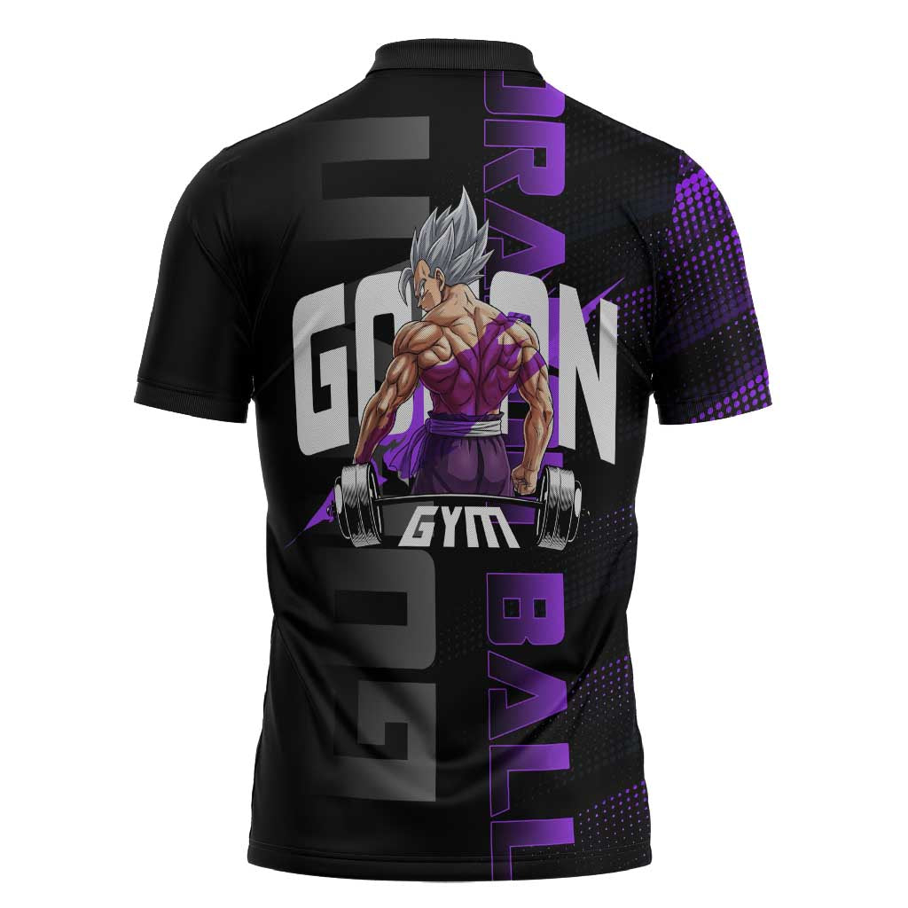 Gohan Dragon Ball Gym Theme Zipper Polo Shirt with Dumbbell Power Lift and Electric Aura on Black and Purple Design - The Mazicc