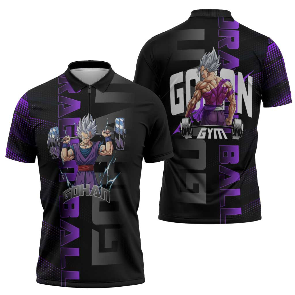 Gohan Dragon Ball Gym Theme Zipper Polo Shirt with Dumbbell Power Lift and Electric Aura on Black and Purple Design - The Mazicc