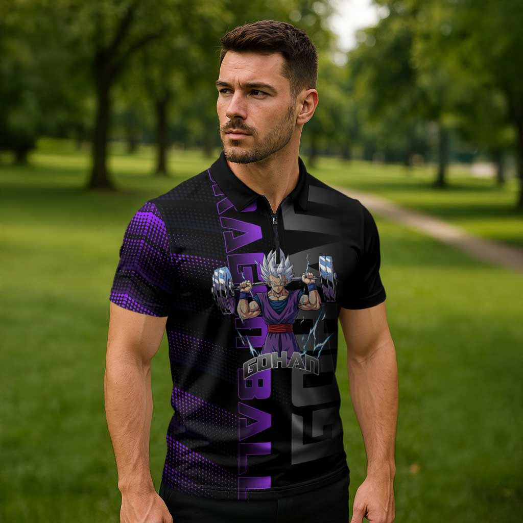 Gohan Dragon Ball Gym Theme Zipper Polo Shirt with Dumbbell Power Lift and Electric Aura on Black and Purple Design - The Mazicc