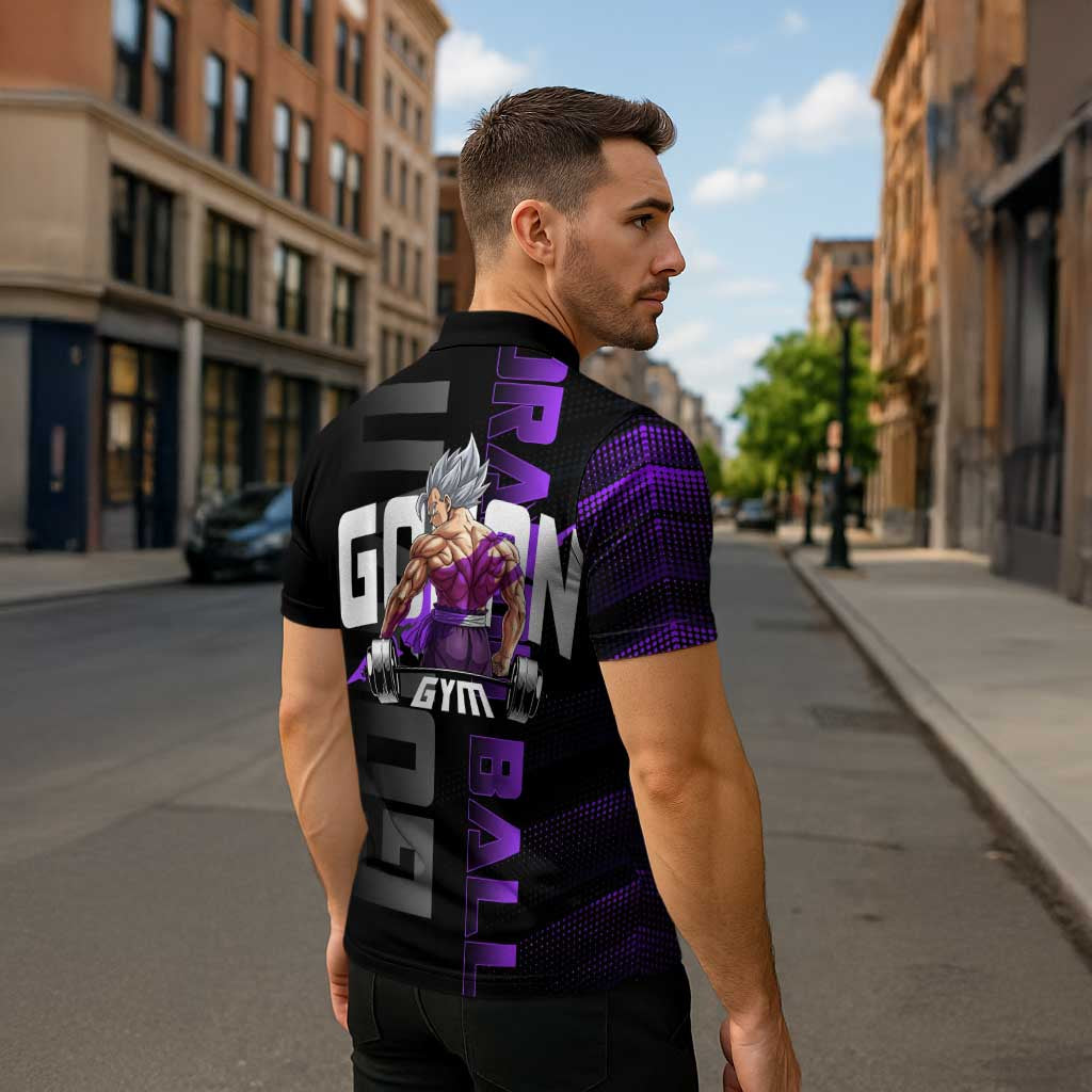 Gohan Dragon Ball Gym Theme Zipper Polo Shirt with Dumbbell Power Lift and Electric Aura on Black and Purple Design - The Mazicc
