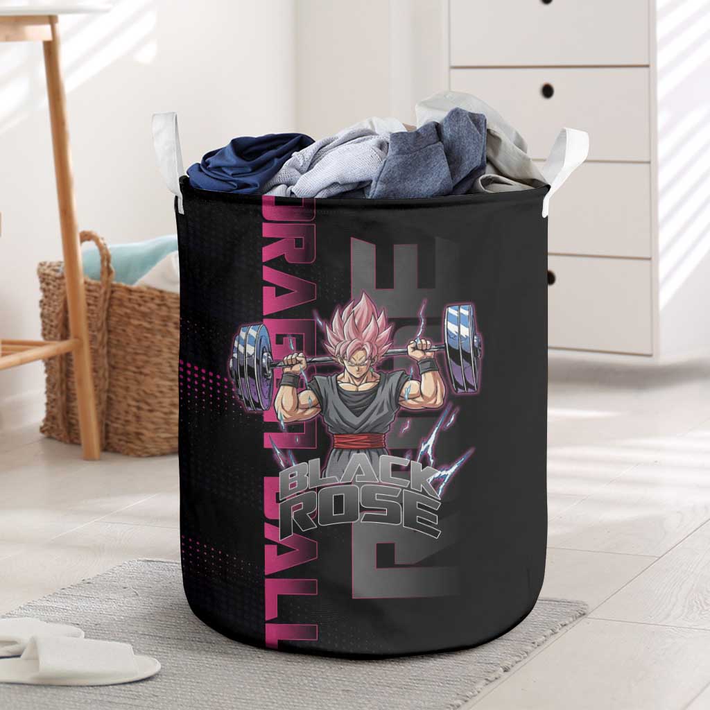 Goku Black Rose Dragon Ball Gym Theme Laundry Basket with Dumbbell Power Lift and Pink Electric Aura on Black Design - The Mazicc