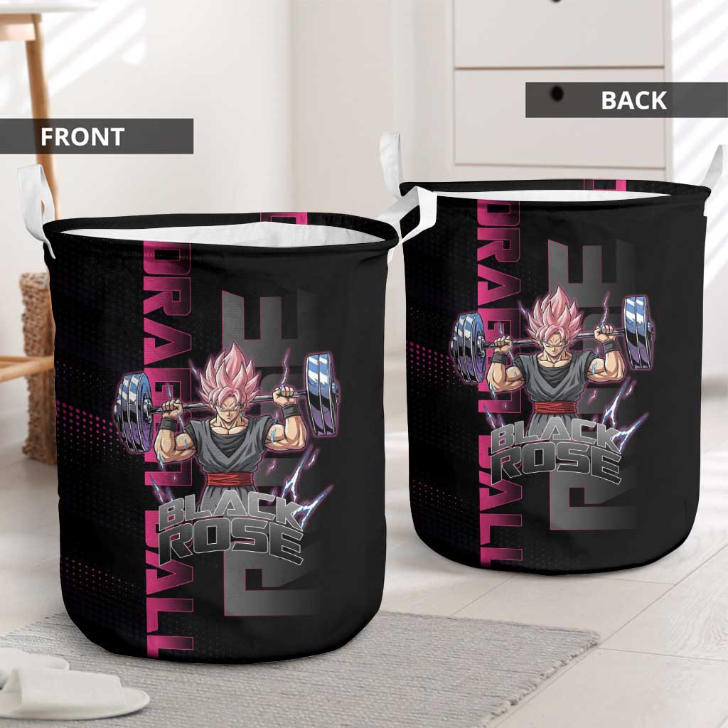 Goku Black Rose Dragon Ball Gym Theme Laundry Basket with Dumbbell Power Lift and Pink Electric Aura on Black Design - The Mazicc