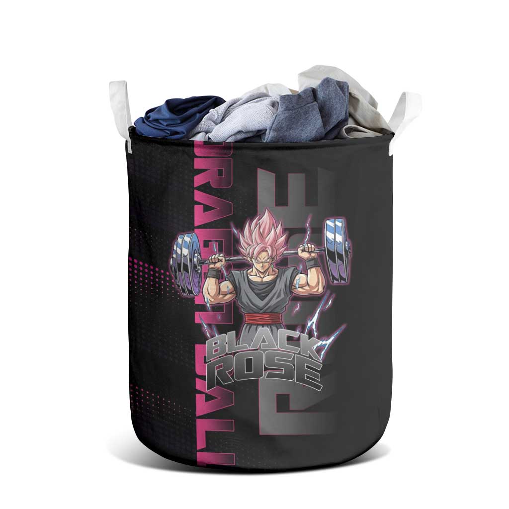 Goku Black Rose Dragon Ball Gym Theme Laundry Basket with Dumbbell Power Lift and Pink Electric Aura on Black Design - The Mazicc