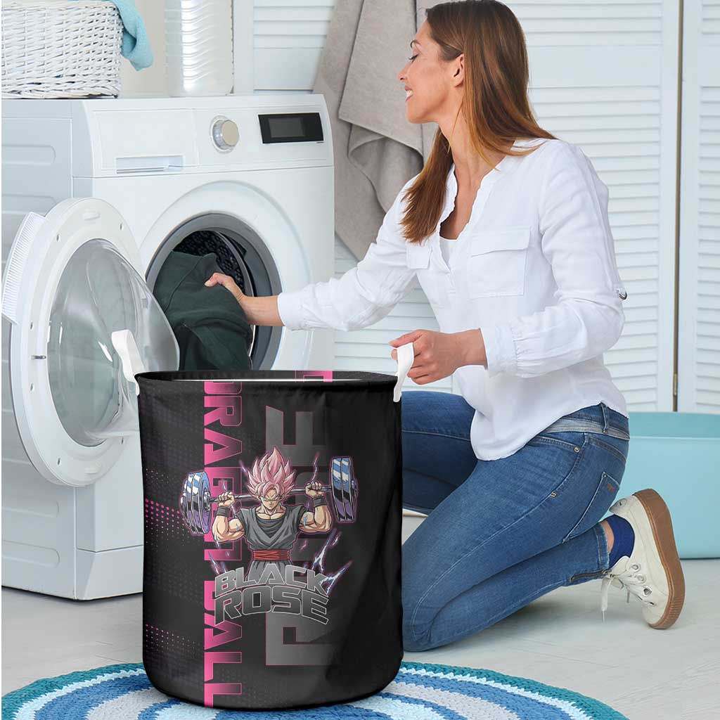 Goku Black Rose Dragon Ball Gym Theme Laundry Basket with Dumbbell Power Lift and Pink Electric Aura on Black Design - The Mazicc
