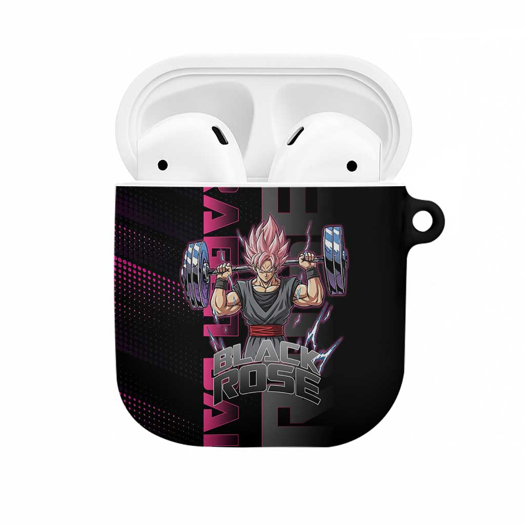 Goku Black Rose Dragon Ball Gym Theme AirPods Case with Dumbbell Power Lift and Pink Electric Aura on Black Design - The Mazicc