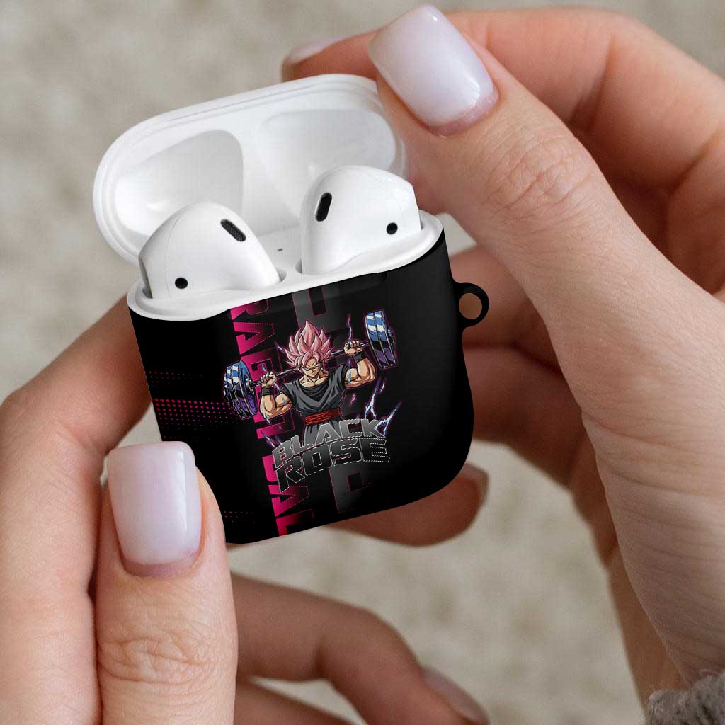 Goku Black Rose Dragon Ball Gym Theme AirPods Case with Dumbbell Power Lift and Pink Electric Aura on Black Design - The Mazicc