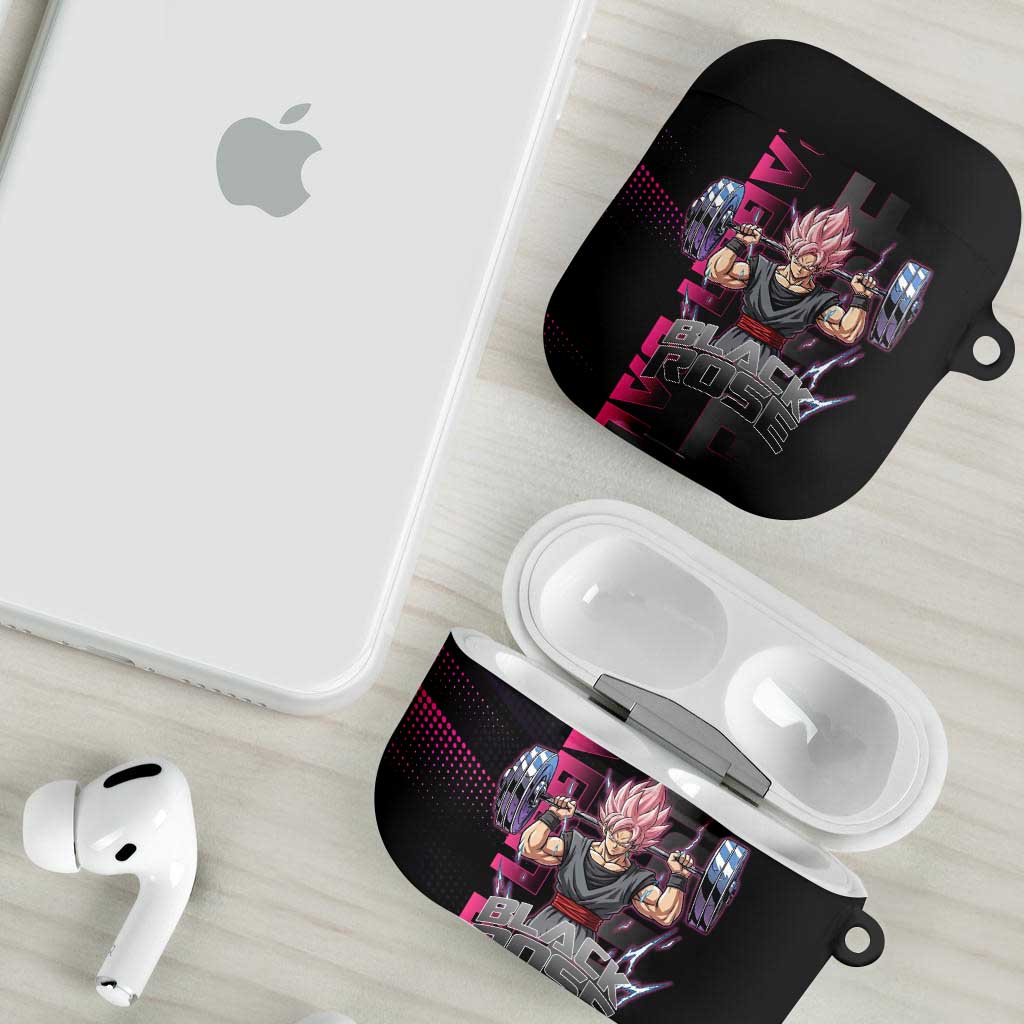Goku Black Rose Dragon Ball Gym Theme AirPods Case with Dumbbell Power Lift and Pink Electric Aura on Black Design - The Mazicc