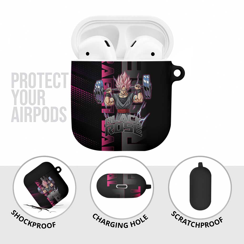Goku Black Rose Dragon Ball Gym Theme AirPods Case with Dumbbell Power Lift and Pink Electric Aura on Black Design - The Mazicc