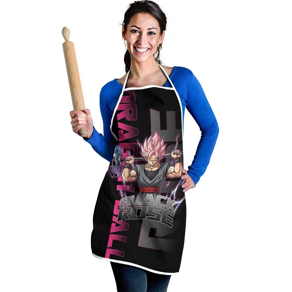 Goku Black Rose Dragon Ball Gym Theme Apron with Dumbbell Power Lift and Pink Electric Aura on Black Design - The Mazicc