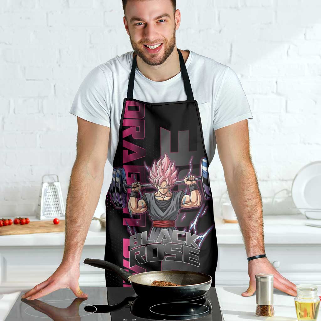 Goku Black Rose Dragon Ball Gym Theme Apron with Dumbbell Power Lift and Pink Electric Aura on Black Design - The Mazicc