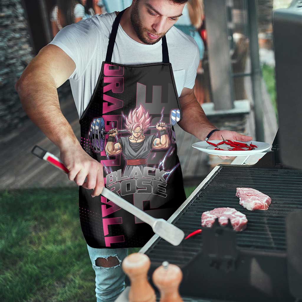 Goku Black Rose Dragon Ball Gym Theme Apron with Dumbbell Power Lift and Pink Electric Aura on Black Design - The Mazicc