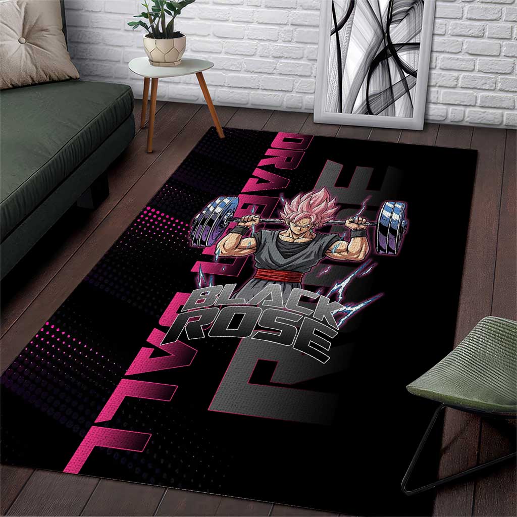 Goku Black Rose Dragon Ball Gym Theme Area Rug with Dumbbell Power Lift and Pink Electric Aura on Black Design - The Mazicc