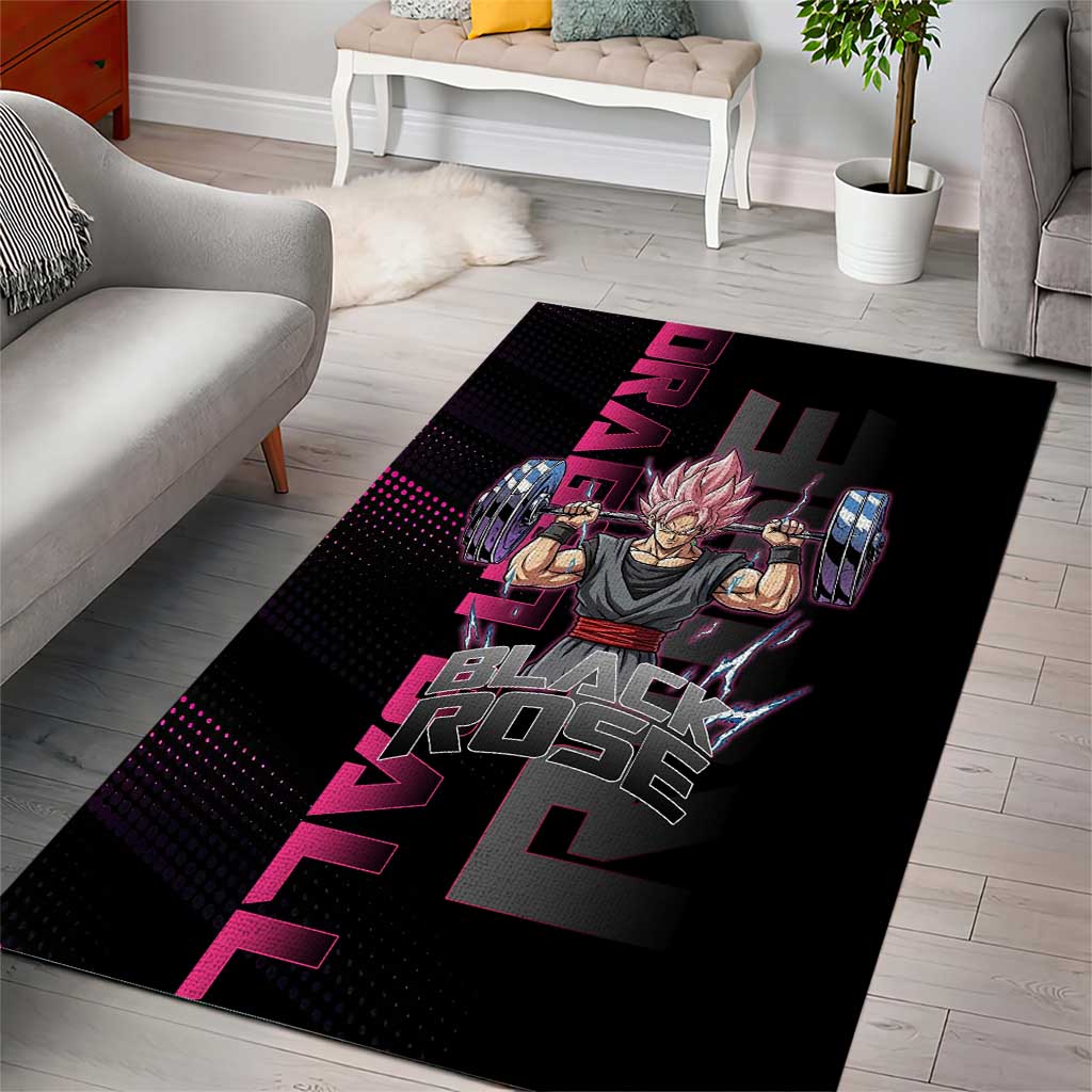 Goku Black Rose Dragon Ball Gym Theme Area Rug with Dumbbell Power Lift and Pink Electric Aura on Black Design - The Mazicc