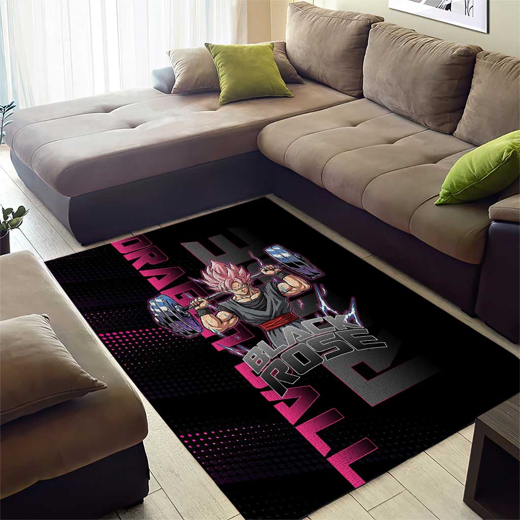 Goku Black Rose Dragon Ball Gym Theme Area Rug with Dumbbell Power Lift and Pink Electric Aura on Black Design - The Mazicc