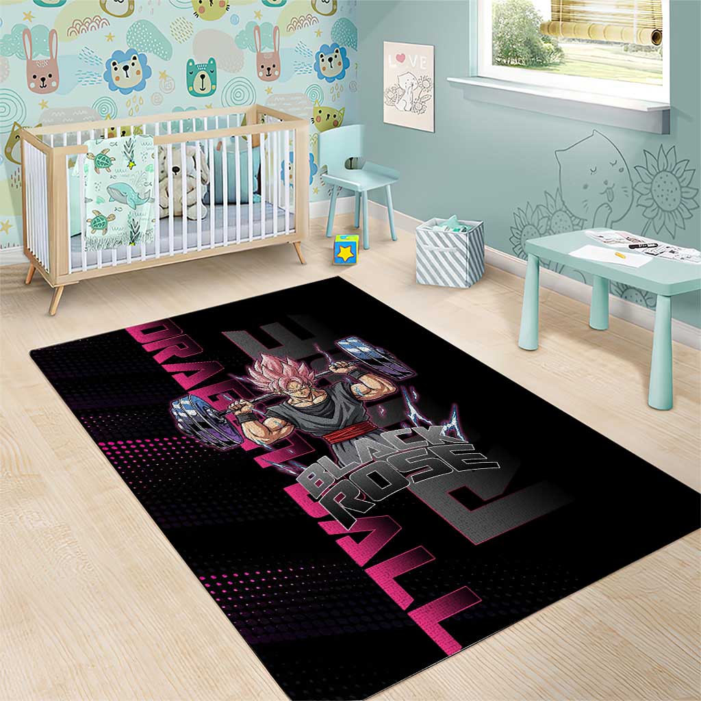 Goku Black Rose Dragon Ball Gym Theme Area Rug with Dumbbell Power Lift and Pink Electric Aura on Black Design - The Mazicc