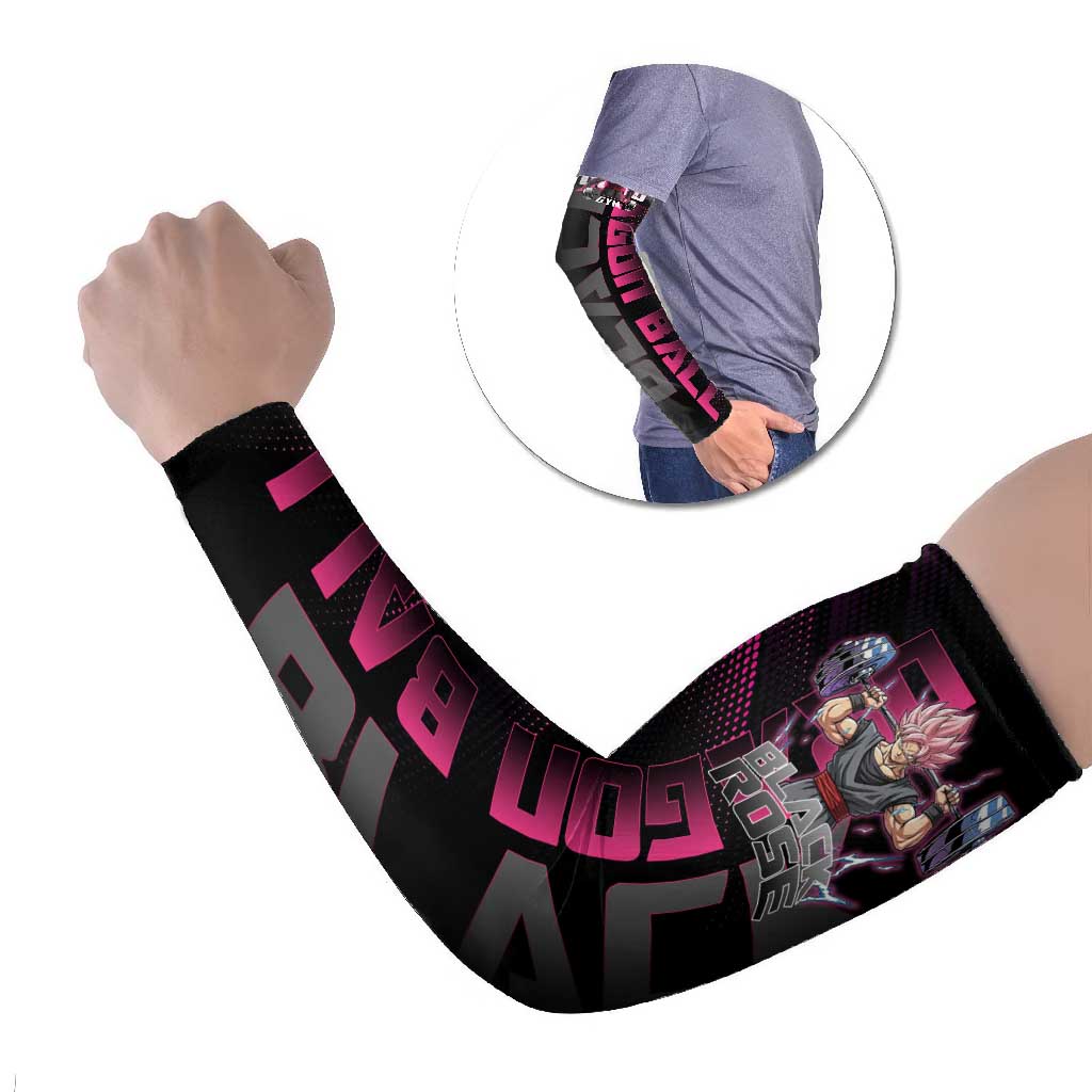 Goku Black Rose Dragon Ball Gym Theme Arm Sleeves with Dumbbell Power Lift and Pink Electric Aura on Black Design - The Mazicc