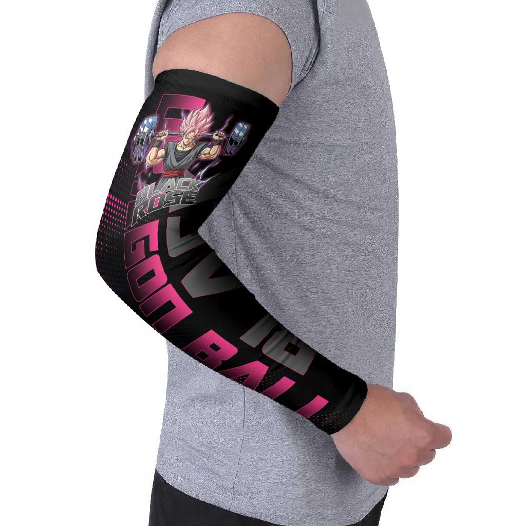 Goku Black Rose Dragon Ball Gym Theme Arm Sleeves with Dumbbell Power Lift and Pink Electric Aura on Black Design - The Mazicc