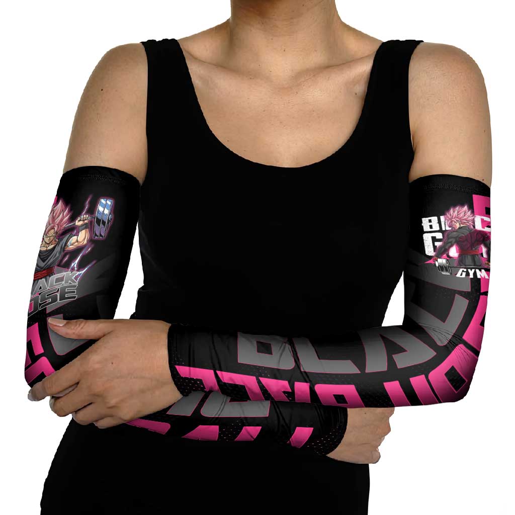 Goku Black Rose Dragon Ball Gym Theme Arm Sleeves with Dumbbell Power Lift and Pink Electric Aura on Black Design - The Mazicc