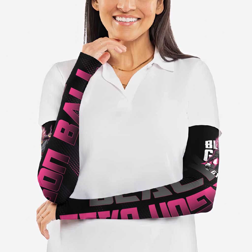 Goku Black Rose Dragon Ball Gym Theme Arm Sleeves with Dumbbell Power Lift and Pink Electric Aura on Black Design - The Mazicc