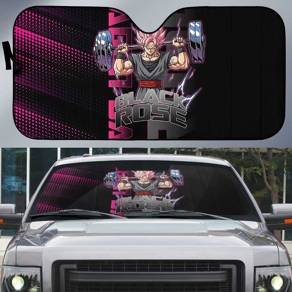 Goku Black Rose Dragon Ball Gym Theme Auto Sun Shade with Dumbbell Power Lift and Pink Electric Aura on Black Design - The Mazicc