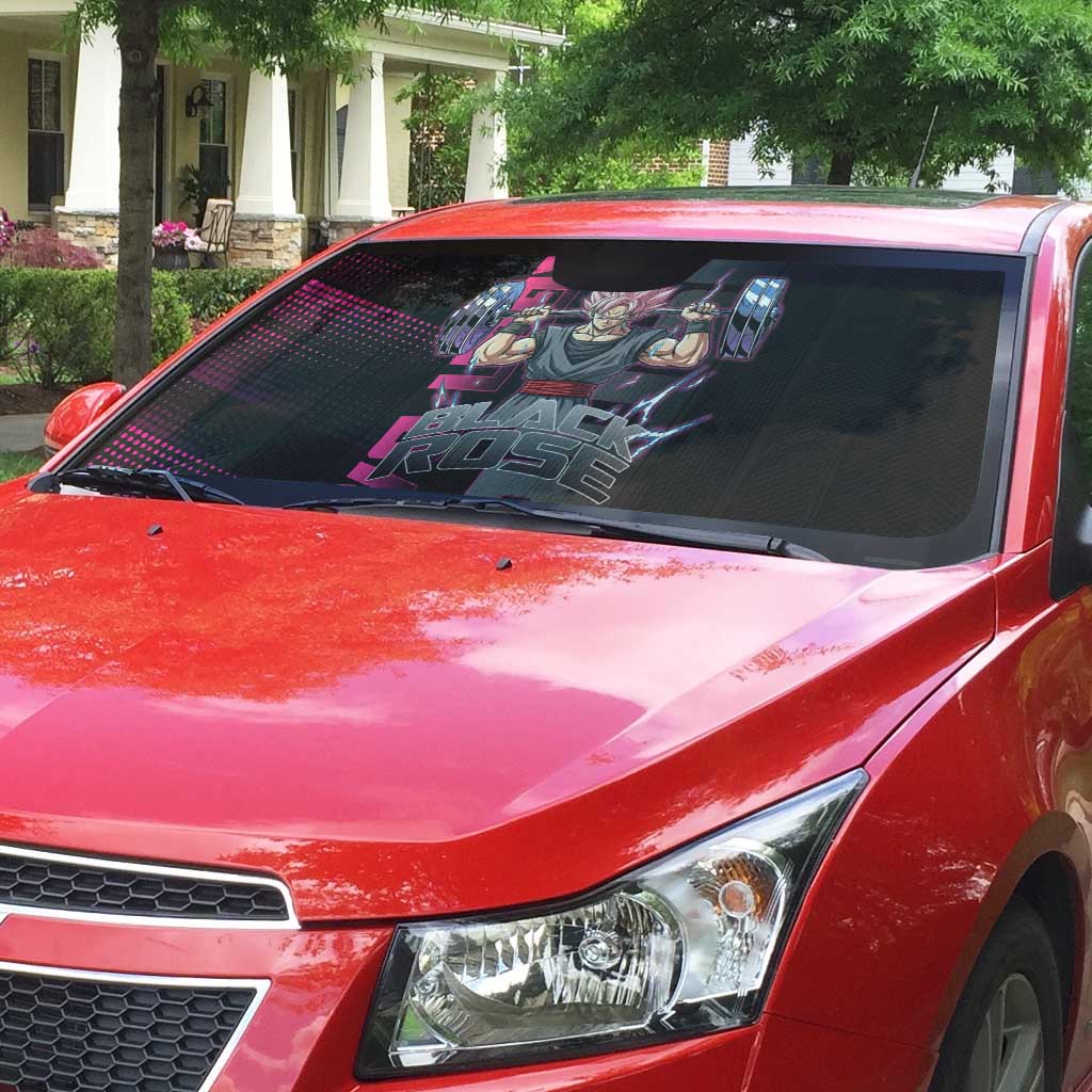 Goku Black Rose Dragon Ball Gym Theme Auto Sun Shade with Dumbbell Power Lift and Pink Electric Aura on Black Design - The Mazicc
