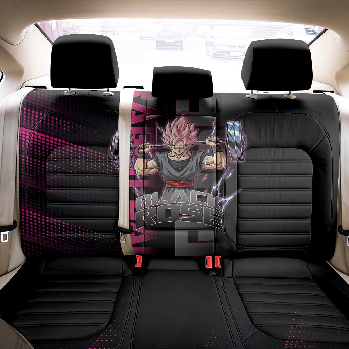 Goku Black Rose Dragon Ball Gym Theme Back Car Seat Cover with Dumbbell Power Lift and Pink Electric Aura on Black Design - The Mazicc