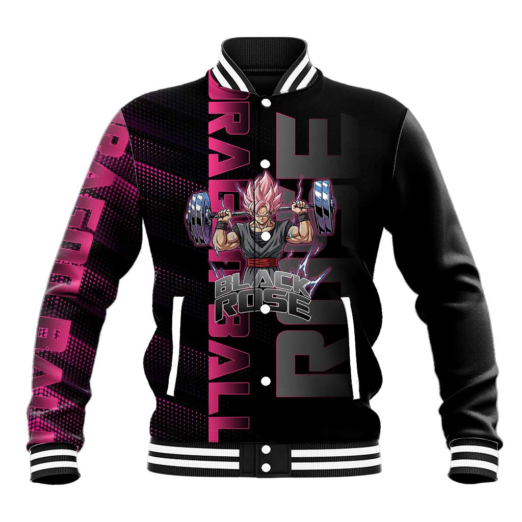 Goku Black Rose Dragon Ball Gym Theme Baseball Jacket with Dumbbell Power Lift and Pink Electric Aura on Black Design - The Mazicc