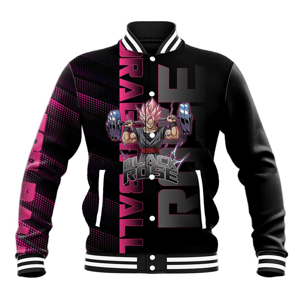 Goku Black Rose Dragon Ball Gym Theme Baseball Jacket with Dumbbell Power Lift and Pink Electric Aura on Black Design - The Mazicc