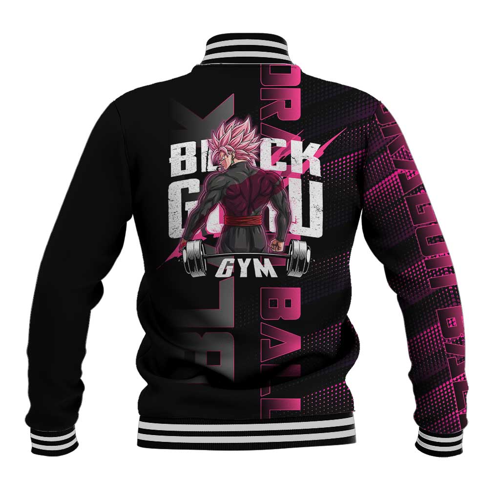 Goku Black Rose Dragon Ball Gym Theme Baseball Jacket with Dumbbell Power Lift and Pink Electric Aura on Black Design - The Mazicc