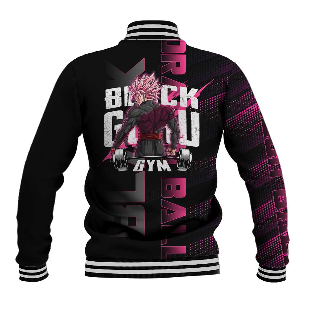 Goku Black Rose Dragon Ball Gym Theme Baseball Jacket with Dumbbell Power Lift and Pink Electric Aura on Black Design - The Mazicc
