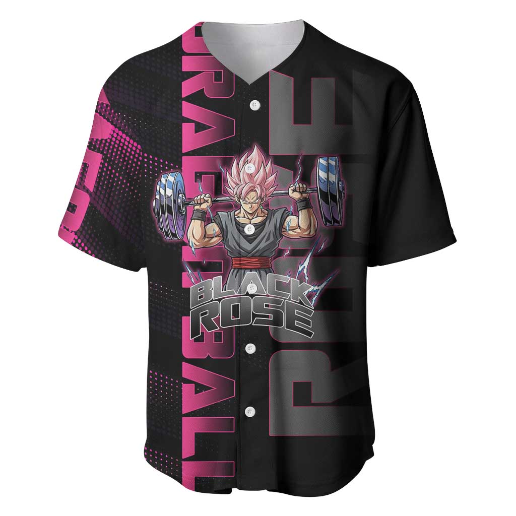 Goku Black Rose Dragon Ball Gym Theme Baseball Jersey with Dumbbell Power Lift and Pink Electric Aura on Black Design - The Mazicc