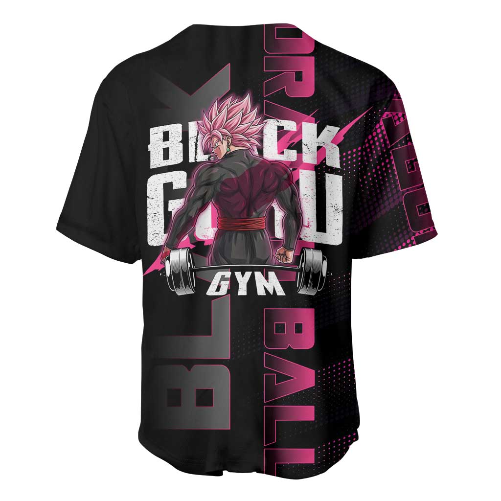 Goku Black Rose Dragon Ball Gym Theme Baseball Jersey with Dumbbell Power Lift and Pink Electric Aura on Black Design - The Mazicc