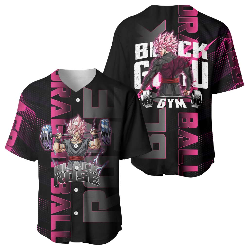 Goku Black Rose Dragon Ball Gym Theme Baseball Jersey with Dumbbell Power Lift and Pink Electric Aura on Black Design - The Mazicc