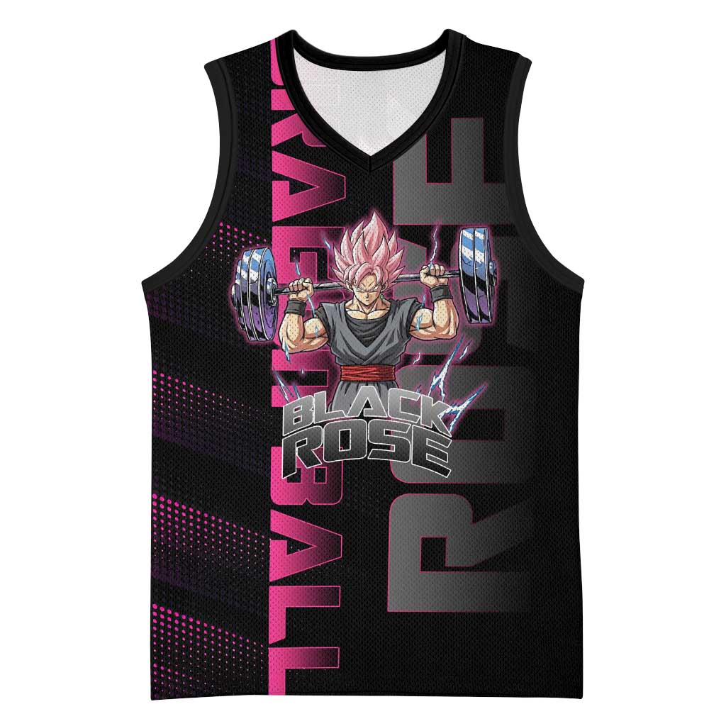 Goku Black Rose Dragon Ball Gym Theme Basketball Jersey with Dumbbell Power Lift and Pink Electric Aura on Black Design - The Mazicc