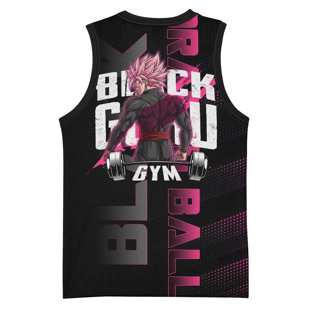 Goku Black Rose Dragon Ball Gym Theme Basketball Jersey with Dumbbell Power Lift and Pink Electric Aura on Black Design - The Mazicc