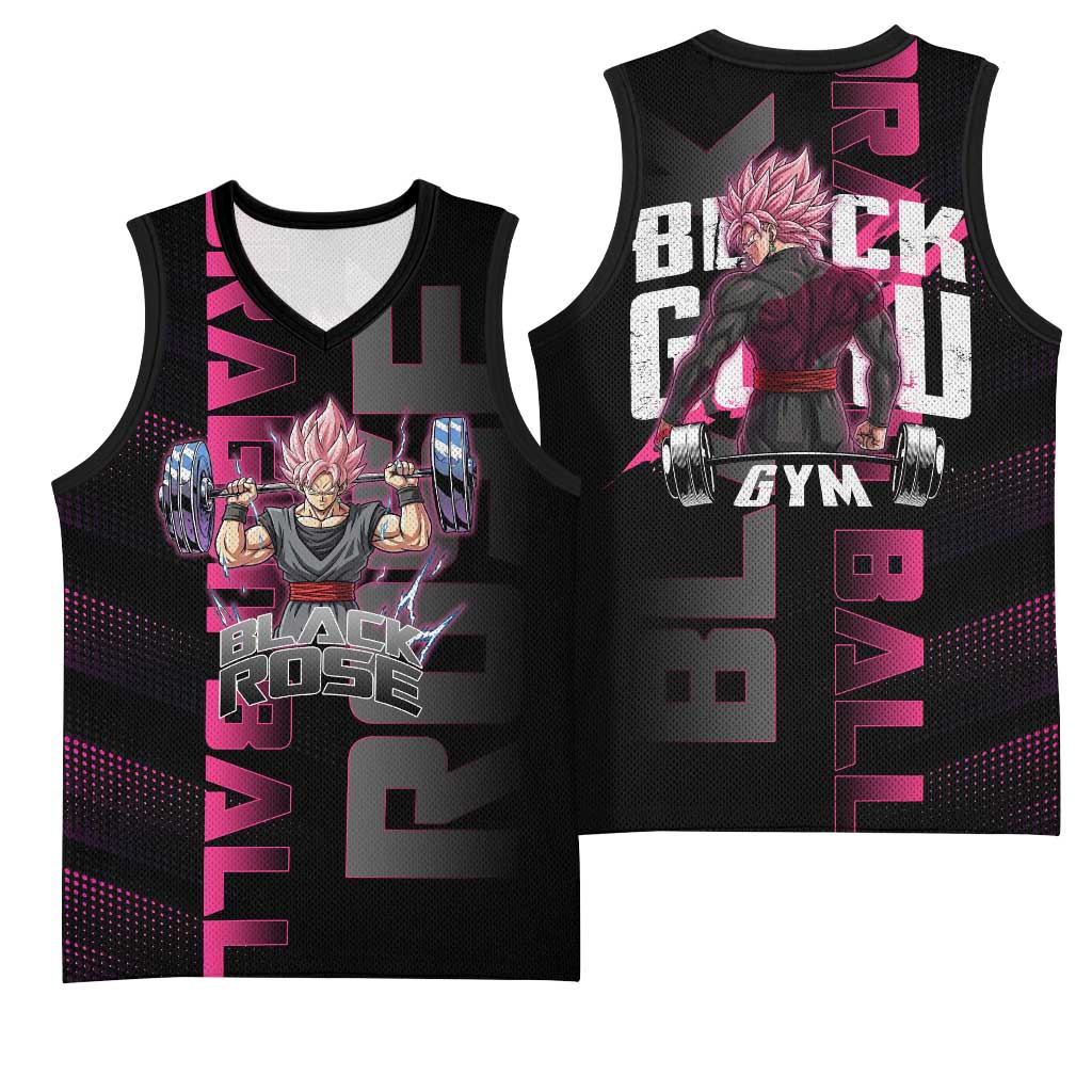 Goku Black Rose Dragon Ball Gym Theme Basketball Jersey with Dumbbell Power Lift and Pink Electric Aura on Black Design - The Mazicc