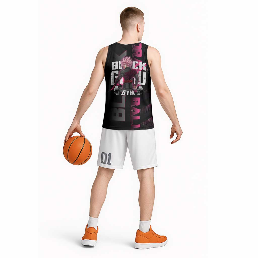 Goku Black Rose Dragon Ball Gym Theme Basketball Jersey with Dumbbell Power Lift and Pink Electric Aura on Black Design - The Mazicc